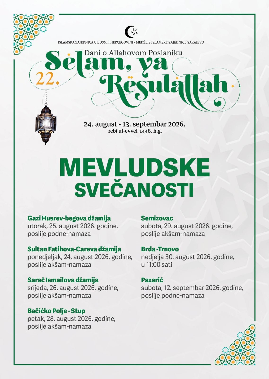  Centralni mevlud u Gazi Husrev-begovoj džamiji 25. augusta