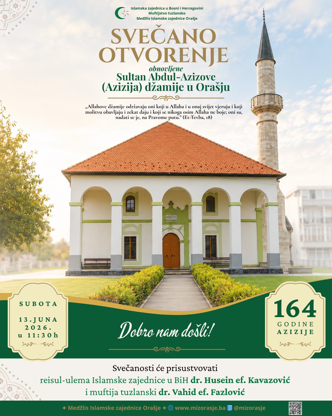 Najava događaja: U subotu svečano otvaranje obnovljene Azizija džamije u Orašju